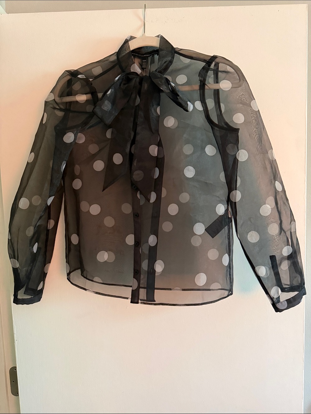 White House Black Market Black Sheer Polka Dot Tie-Neck Blouse
